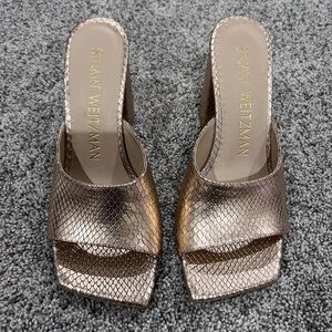 STUART WEITZMAN Tia 85 lizard-effect leather sandals Rose Gold Block Heel US 6.5